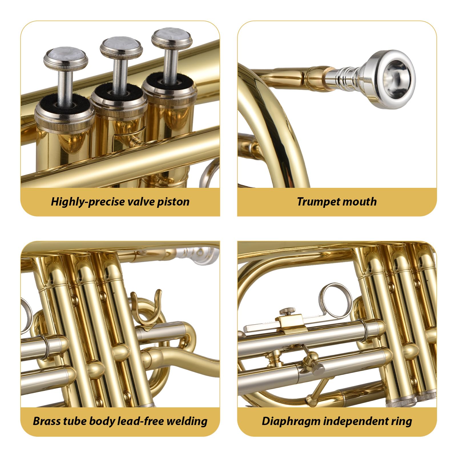 Btuty Bb Cornet Instrument De Cuivre Peinture De Surface Or Traitement Professionnel Cornet En Laiton Avec Étui De Transport Gants Nettoyage Chiffon Brosses Pour Les Étudiants Et Les Débutants