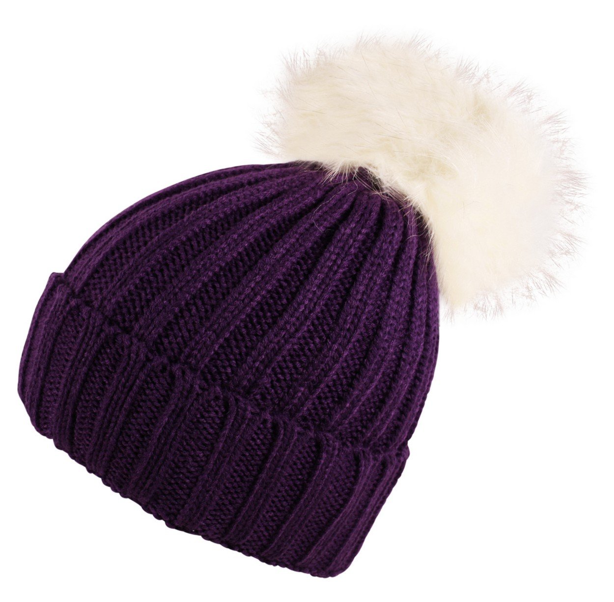 Itzu Women's Purple (White Bobble) Ribbed Beanie Hat Chunky Detachable Faux Fur Bobble Pom Turn Up Adult Purple (White)