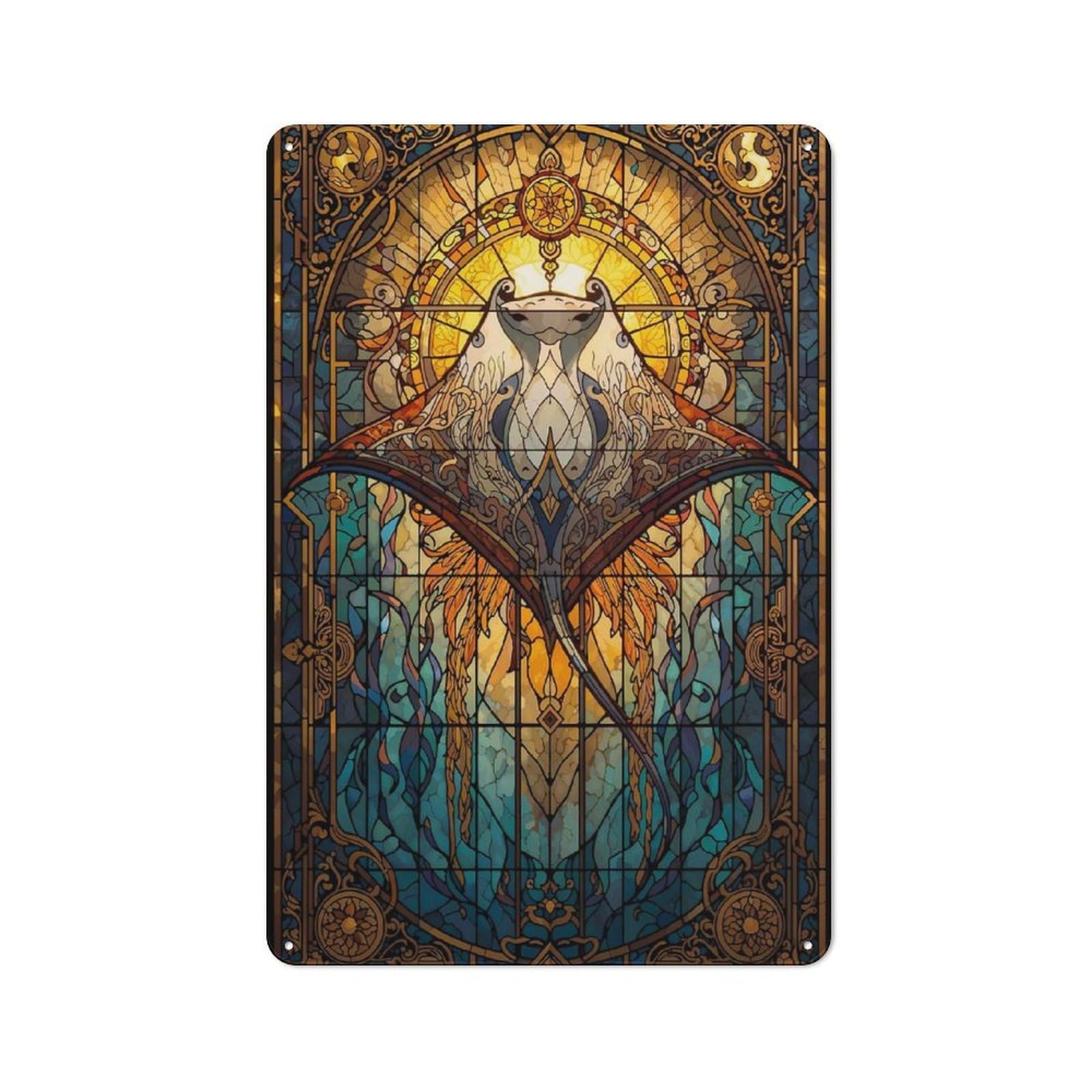 Junmoney Style-10 For Hobby Room Or Studio, Manta Rays Stained Glass Retro Metal Sign 30X20cm, A Decorative Gift For A Newly Furnished Hobby Room And Studio