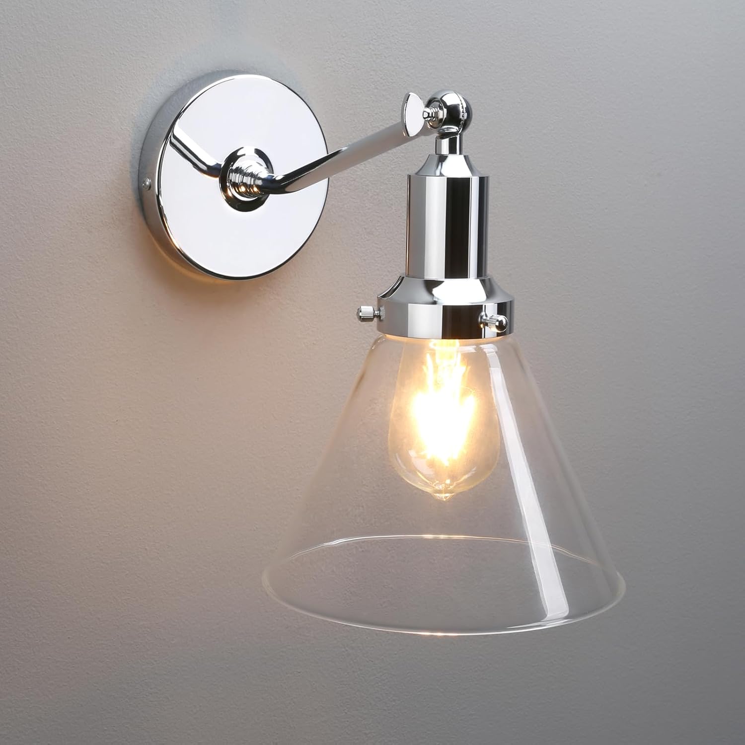 PERMO Industrial Vintage Slope Pole Wall Mount Single Sconce with Funnel Flared Clear Glass Shade Chrome Wall Sconce Light Fixtures