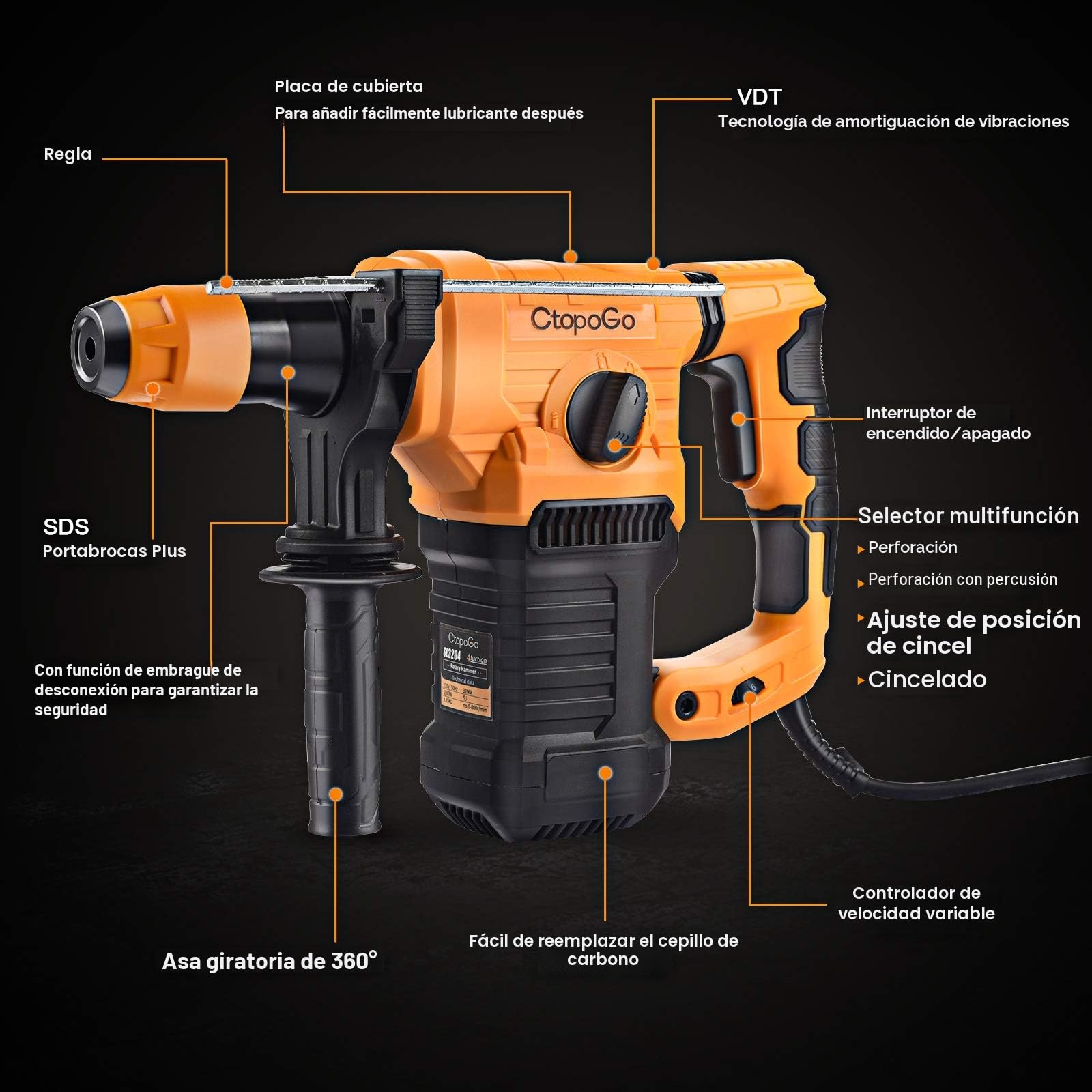 Taladro de martillo perforador SDS-Plus de 1500 W, 1-1 / 4 pulgadas, embrague de seguridad, 4 funciones con control de vibración, que incluyen grasa, cinceles y brocas con estuche