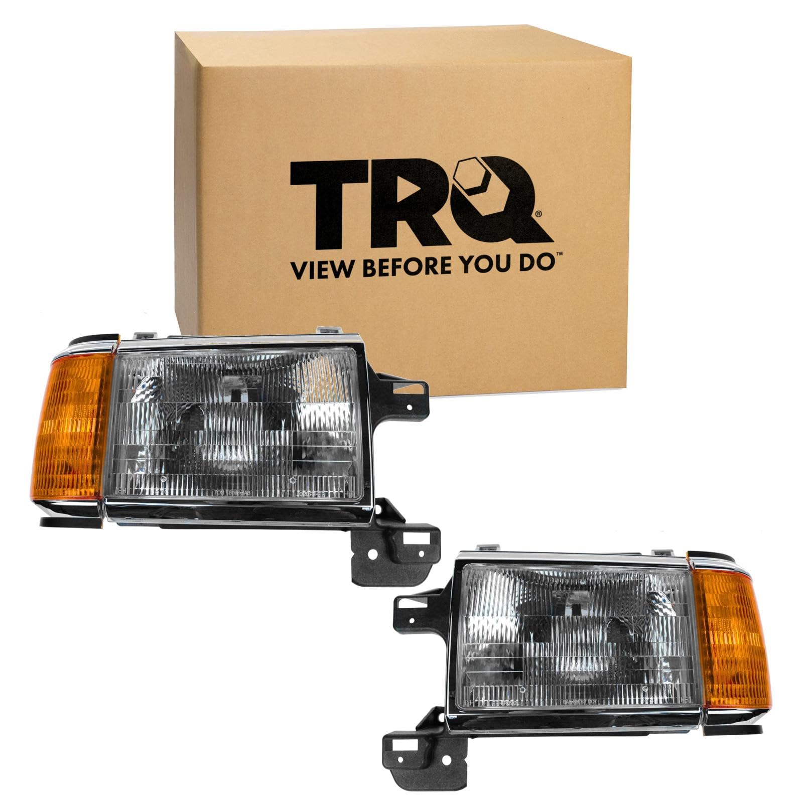 TRQ 2 Piece Headlight Assembly Set Halogen Chrome & Black Bezel Driver & Passenger Side Compatible with Ford Bronco F150 1987-1991 FO2502105 FO2503105