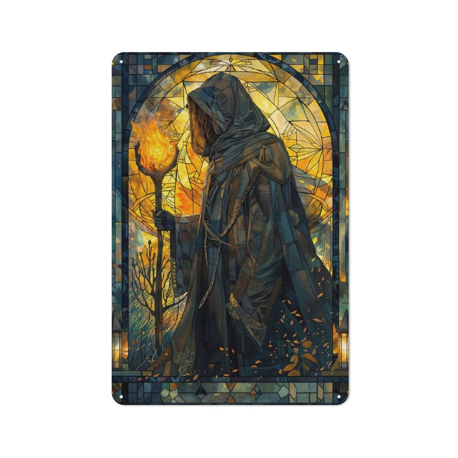 Junmoney Stained Glass Fire Wizard Tin Sign 30X20cm With For Home Bar Wall, Vintage Decor, Wall Decoration For A Recently Updated Home Bar