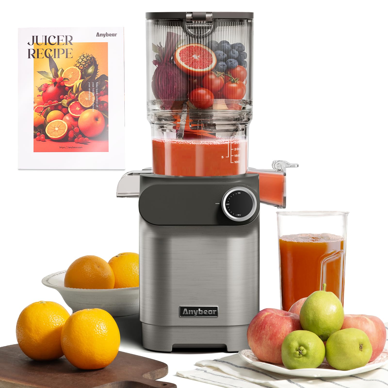 Anybear Cold Press Juicer, 200W Masticating Slow Juicer 4.3" Large Feed Chute Fit Whole Fruits Vegetables | Upgraded Auger | Tritan Material | BPA Free | Juice Recipes (Silver)