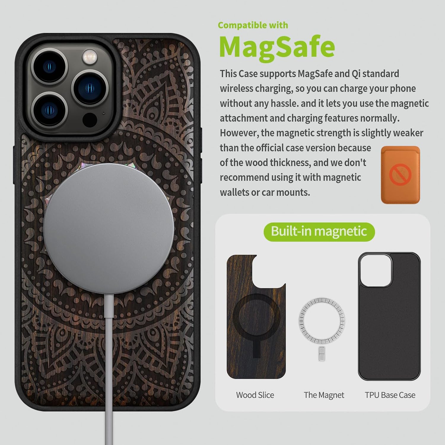 Carveit Designer Wooden Protective Magnetic Case for iPhone 14 Pro Max Case [Wood Engraving & Shell Inlay] Compatible with 14 Pro Max MagSafe (Mandala Pattern-Blackwood)