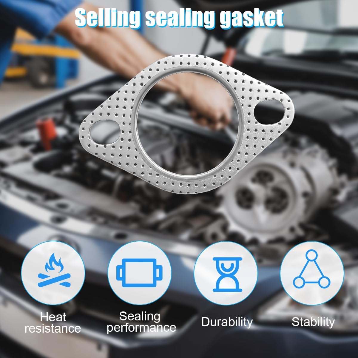 2PCS Car Exhaust Gasket, 2-Bolt 2.5 Inch Vehicle Ultra Seal Exhaust Flange Standard Gasket, Reinforced High Temperature Automotive Shim, Universal for SUV Sedan Truck