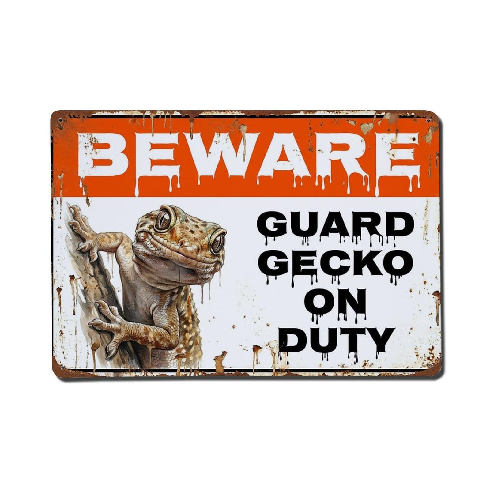 Vintage Funny Gecko Guard Beware of Pet Cabin Metal Tin Sign Plaque Wall Decor for Cafe, Club Bar, Office, Garden Metal Poster 8x12Inch