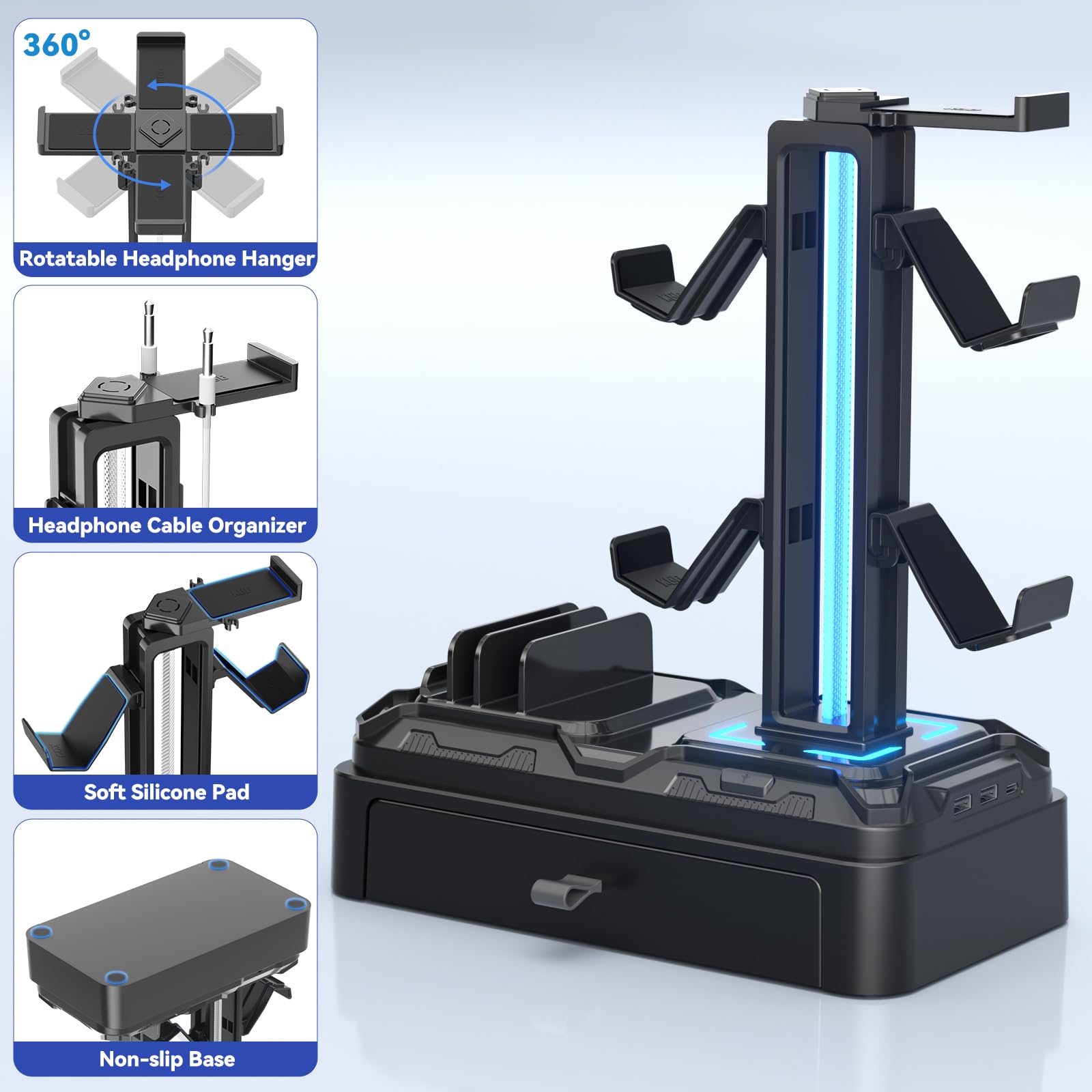 KDD Supporto Cuffie con Porte USB A&C - Supporto Controller e Ganci Rimovibili - Appendi Cuffie Girevole e Slot per Dispositivi per Telefoni/Tablet - Base con Cassetto per Scrivania, Gaming
