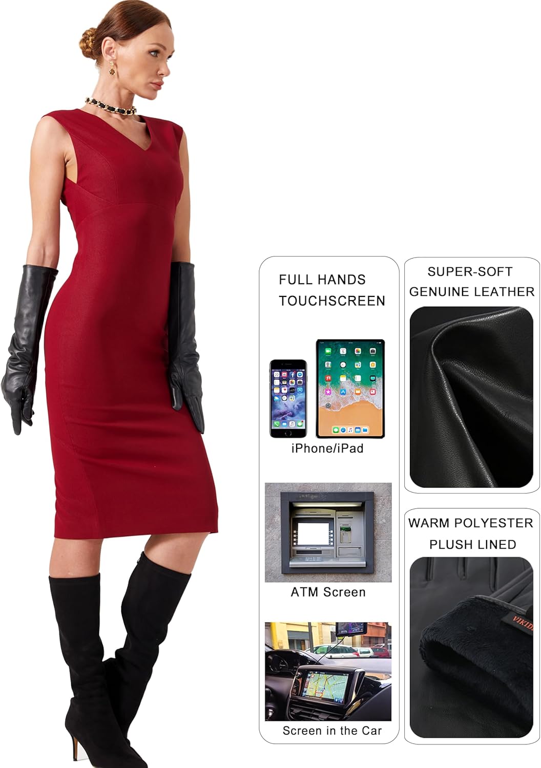 VIKIDEER Elegant Winter Black Long Leather Gloves for Women Full Touchscreen Womens Ladies Warm Lined Genuine Leather Gloves - Image 5