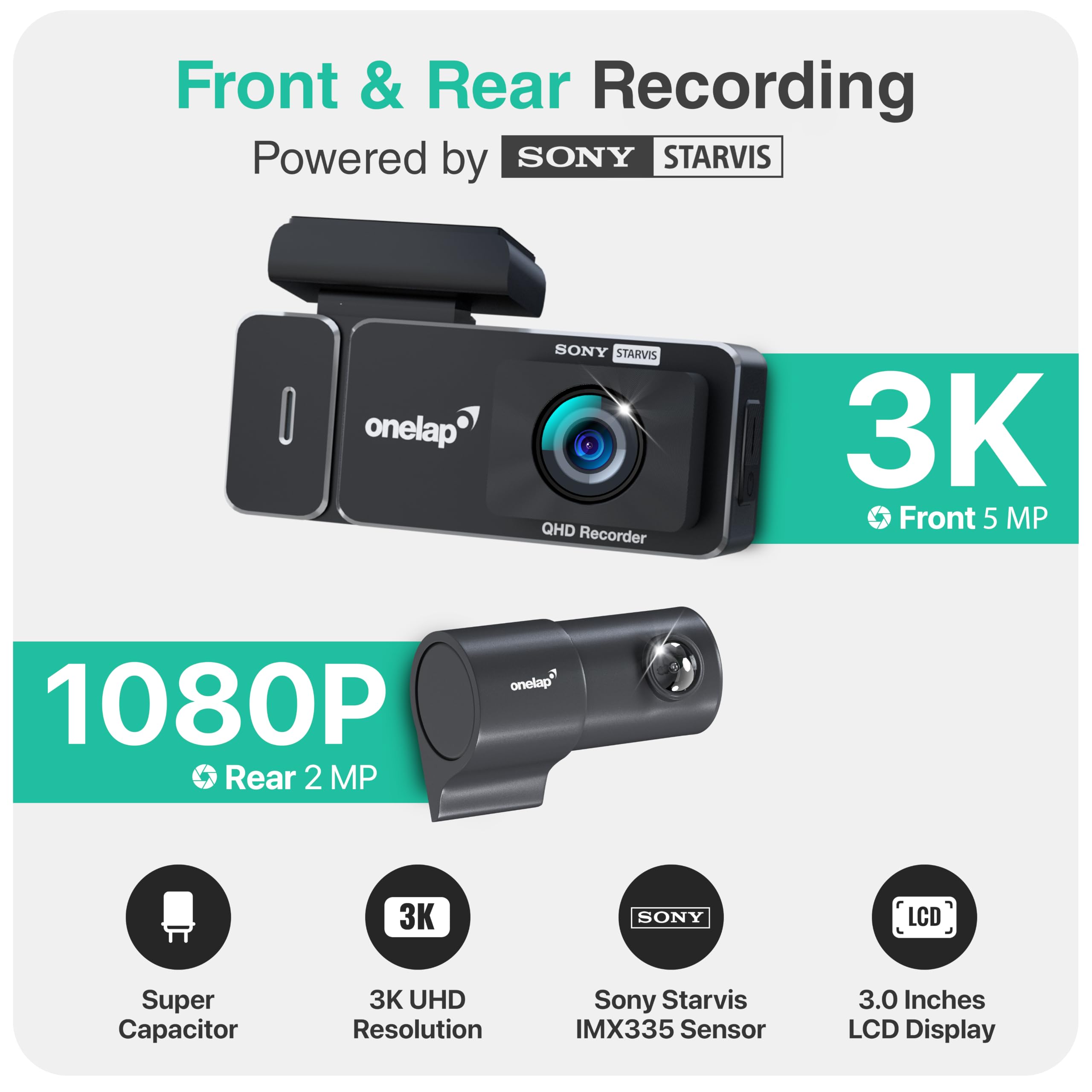 Onelap Vidsure Plus Dashcam - 3K/1080p Dual Camera -2