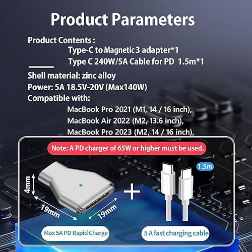Miniatura 2 de kocomio Adaptador de carga USB C a Mag-Safe 3 de 140 W magnético compatible con MacBook Pro 2023 (M2, 1416 pulgadas), MacBook Air 2022 (M2), MacBook