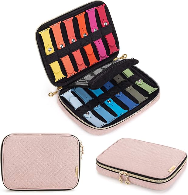 Teamoy Watch Strap Storage Case Holds 12pcs Watch Straps, Travel Organiser Bag for Watch Bands, Organiser Case Compatible for All Series Apple Watch Straps or Smart Watch Bands, Misty Rose