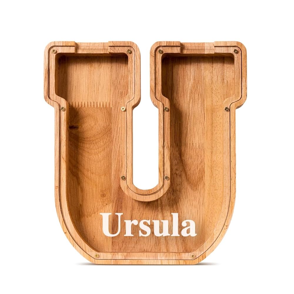 Summidate Customized Name Large Wooden Piggy Bank for Kids Boys Girls Alphabets Letter A-Z Coins Bills Money Change Bank Box Initial on Clear Cover (Laser Engraved) (Alphabet-U, Personalized-9)