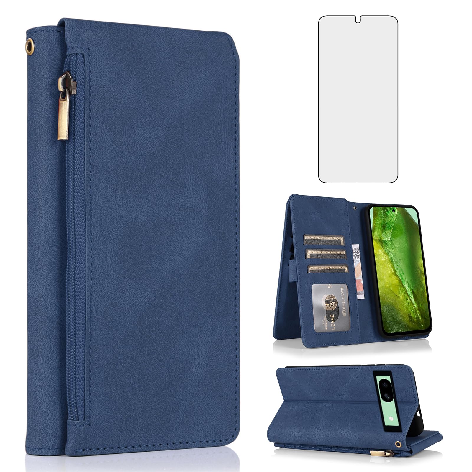 Asuwish Handyhülle für Google Pixel 8a Hülle mit Band Folie Schutzfolie Kartenfach Klappbar Leder Geldbörse Ständer Pixel8a 5G a8 Handy Hüllen Schutzhülle Reißverschluss Handyhüllen Phone Case Blau