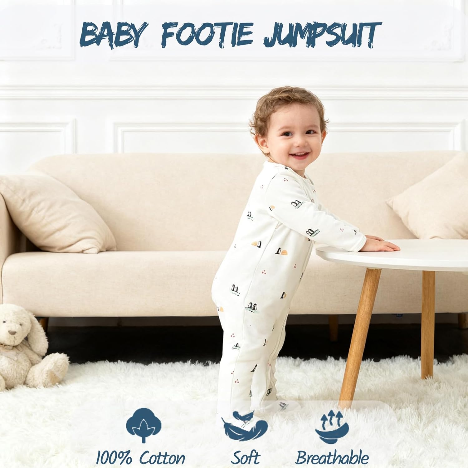 Baby Footie Jumpsuit, 100% Cotton Long Sleeve Footed Romper, Summer Outfit for 0-12 Months - Image 2