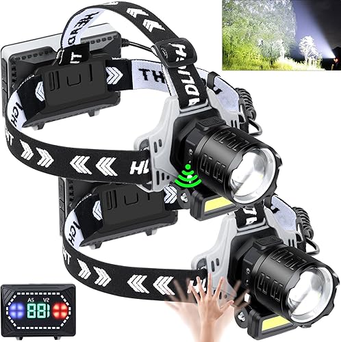Linterna frontal LED recargable de 1000 lúmenes, súper brillante con 10 modos y sensor de movimiento, paquete de 2 lámparas de cabeza con zoom, IPX7