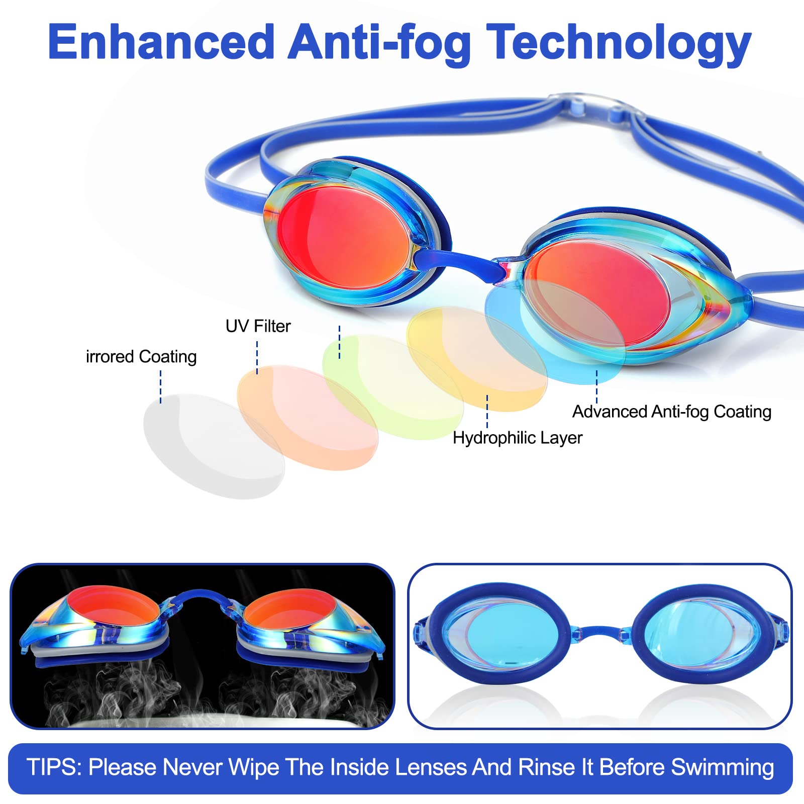 Gafas de natación profesionales, paquete de 2 gafas de natación con protección UV, antivaho, sin fugas, ligeras, para adultos, mujeres, hombres, jóvenes