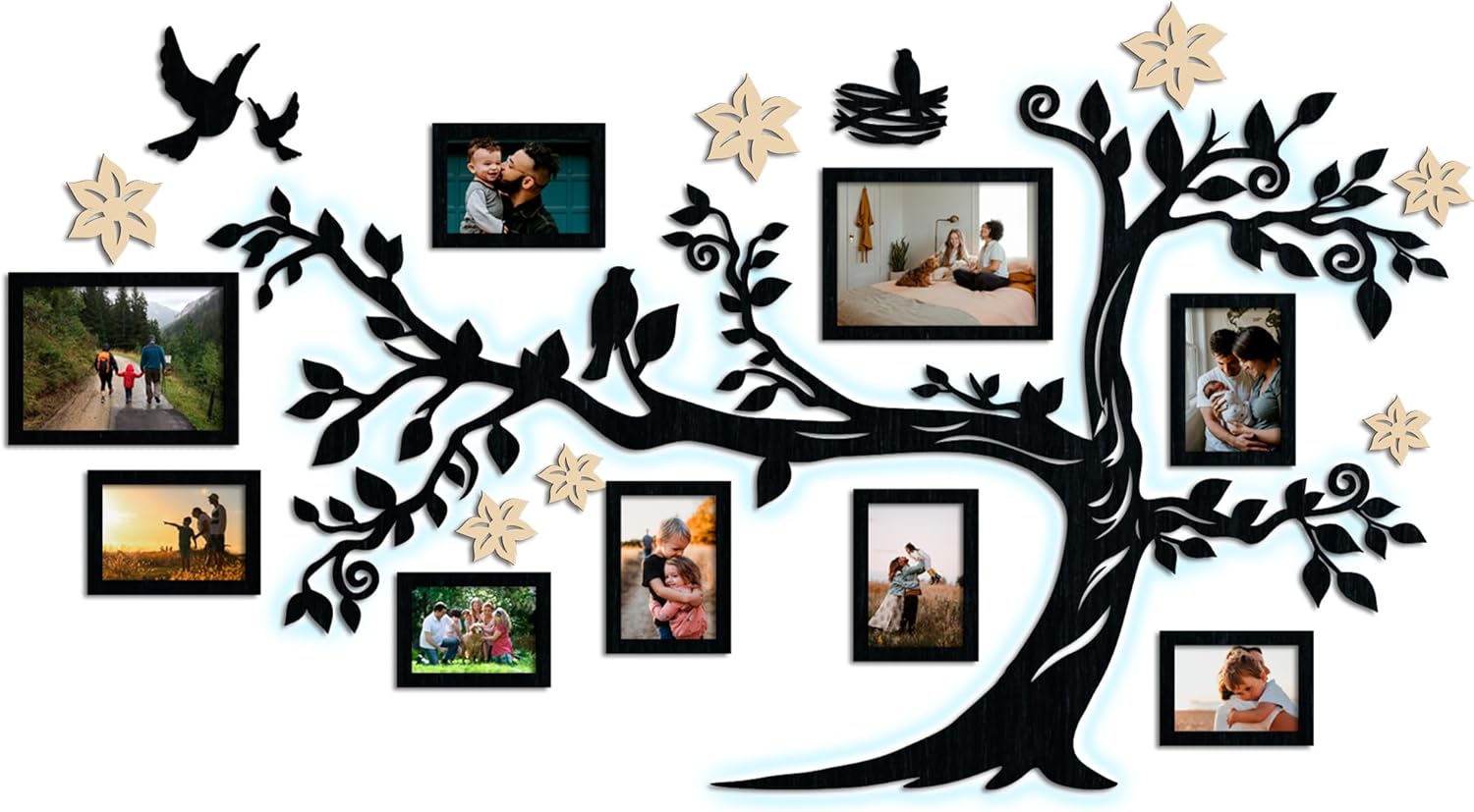 JustLikeWood Decoración grande para el hogar de 59 x 33 pulgadas, diseño de árbol genealógico de madera LED con marco de imágenes estándar,