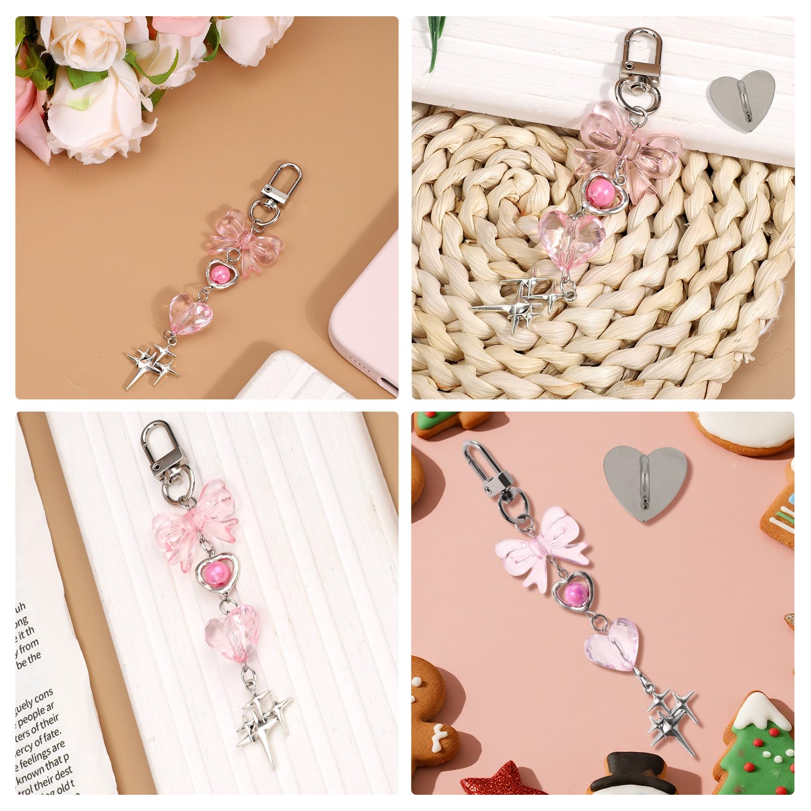 Chaîne de Charme pour Kindle, Délicate avec Nœud Cœur Étoile, Accessoire pour Étui de Téléphone Tablette Liseuse (Rose)