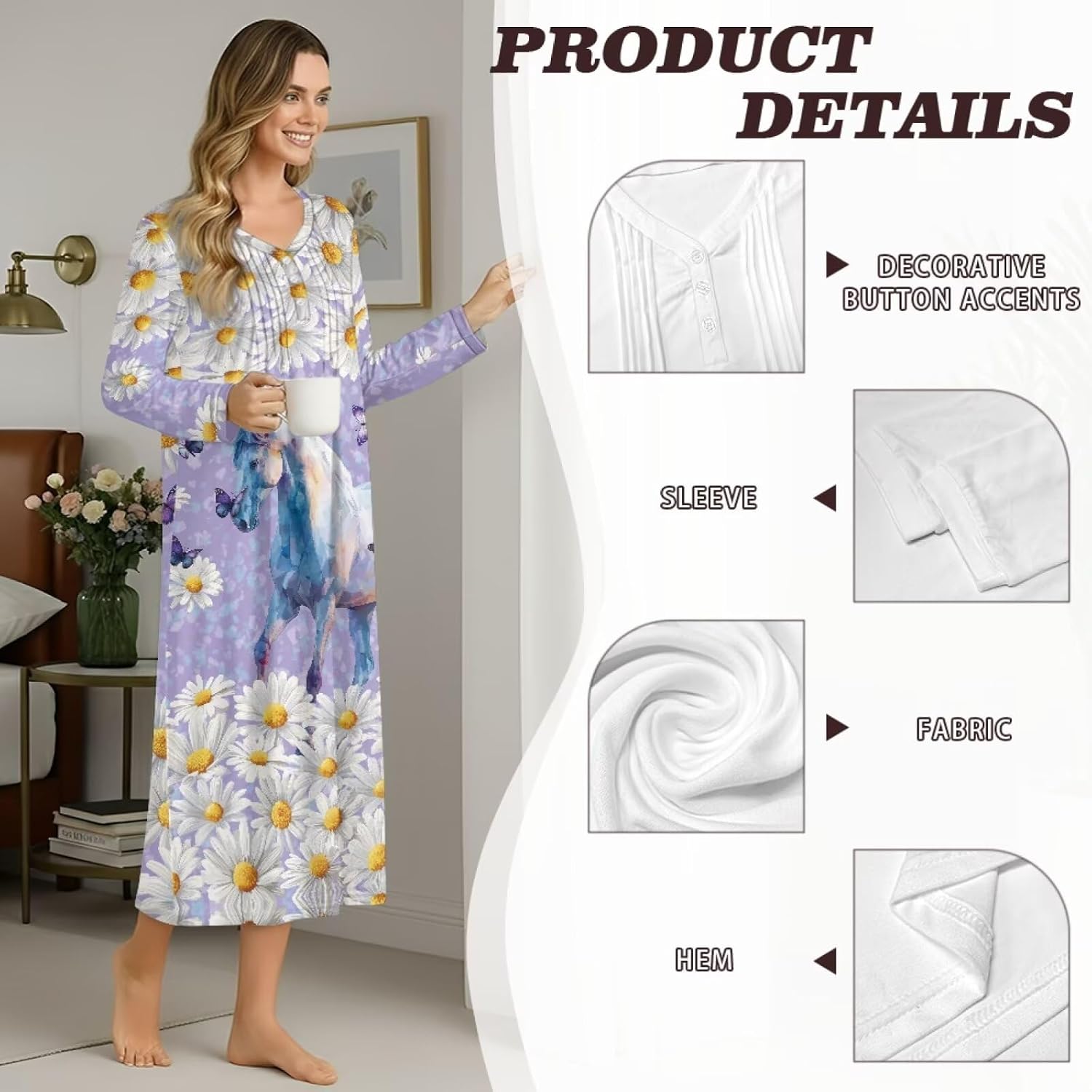WELLFLYHOM Night Dress for Women Long Sleeve V Neck Nightgowns S-4XL Pullover Oversize House Dress Sleepwear Nightshirt