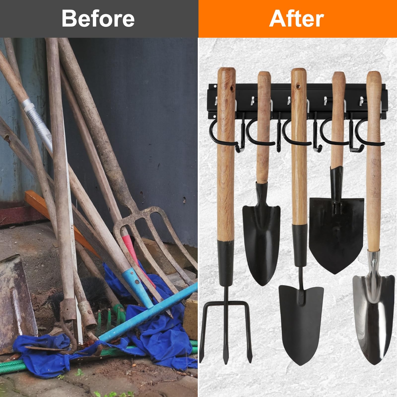 QUARKZMAN Portaherramientas de Jardín Kit, Soporte Metálico de Pared Empalmable con Ganchos Negro para Herramientas Colgador para Escobas Fregonas Sótano Garaje, 82cm Largo Total