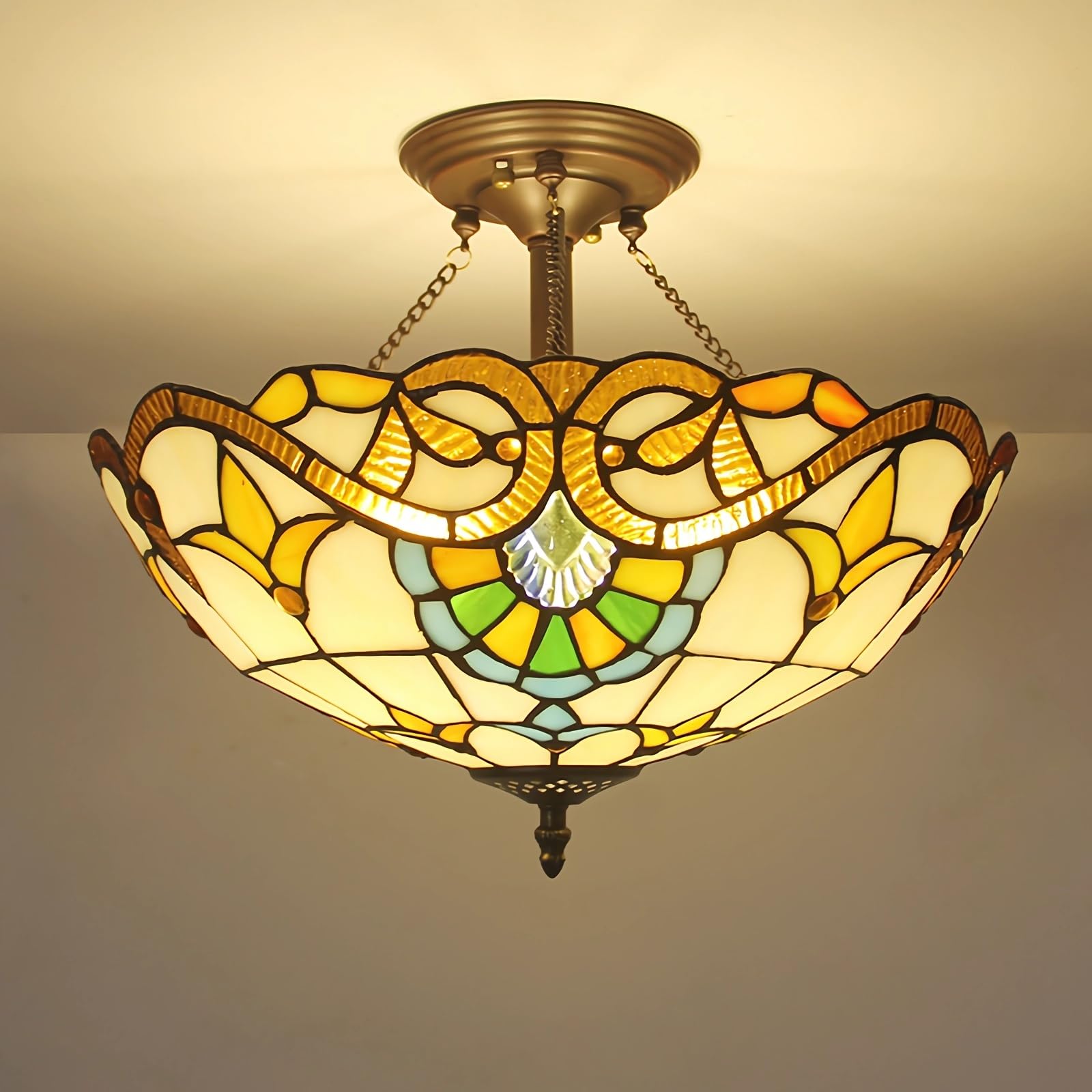 WDBZTJ Tiffany Style Ceiling Light Flush Mount, 16 inch Stained Glass Ceiling Lamp, E27 Bulb, Vintage LED Chandeliers for Living Room Bedroom(A)