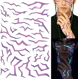 Comprar Tatuajes temporales KPOP con luz UV que brillan en la oscuridad: diseño de energía de Demon Hunter en morado y azul neón activado por luz negra. Tatuajes temporales para cosplay y festivales.