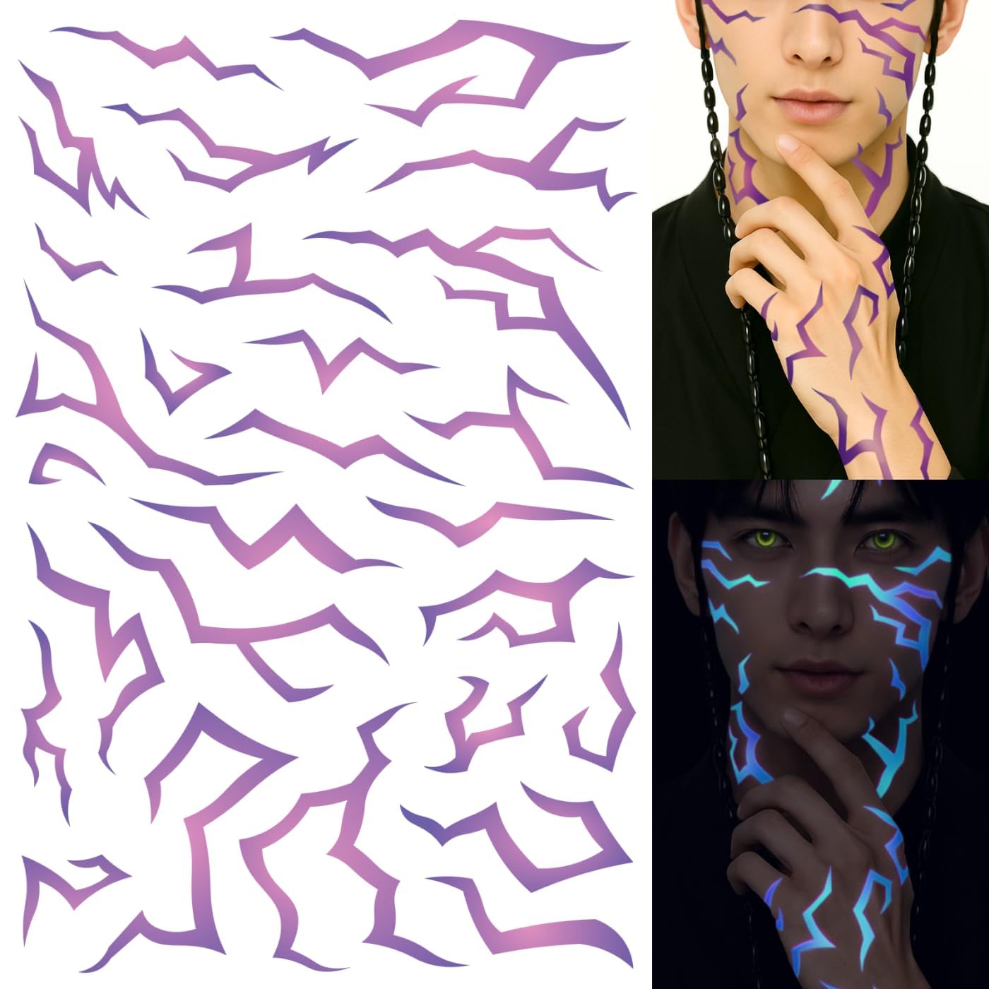 3 arkusze UV KPOP Glow tymczasowe tatuaże kostiumowe Demon Hunters, fioletowy wzór energii demonów, aktywowany czarnym światłem neonowy niebieski, fałszywe naklejki na cosplay, festiwale, rave i
