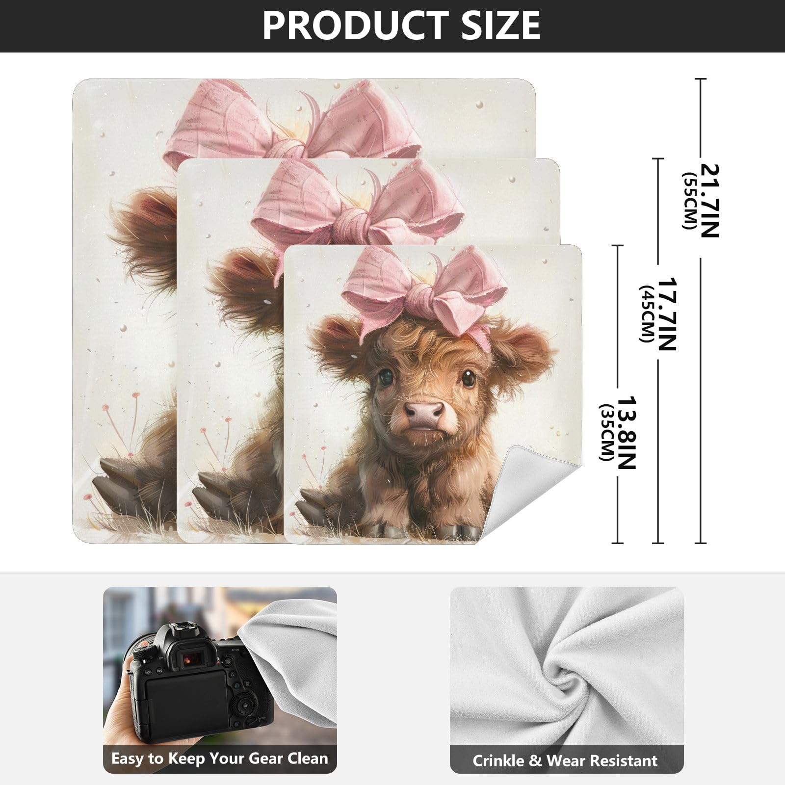 ODAWA Cute Highland Cow Beige Self Adhesive Cloth 17.7X17.7 Inch Travel Makeup Bag Organizer Magic Self-Adhesive Cloths for Camera, Lens, Laptop