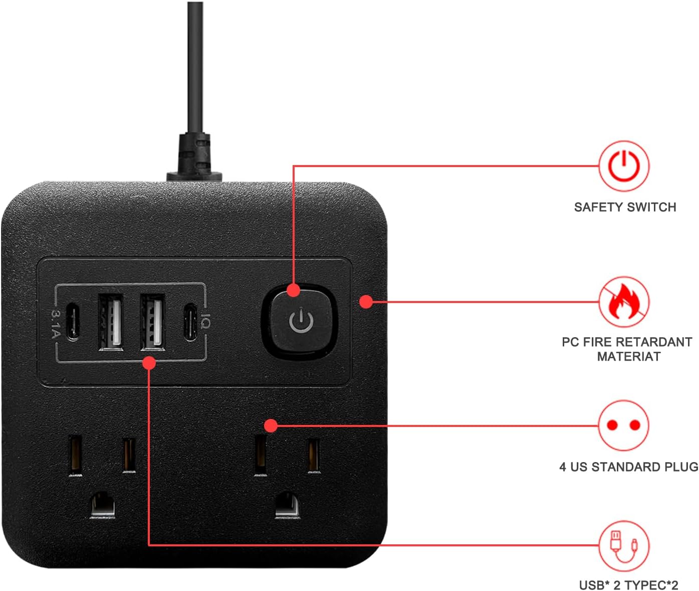 Flat Plug Surge Protector Power Board, 1.8m Extension Cable, with 4 USB Wall Chargers, 4 Wide Sockets, Suitable for Travel, Office, Dormitory (Black)