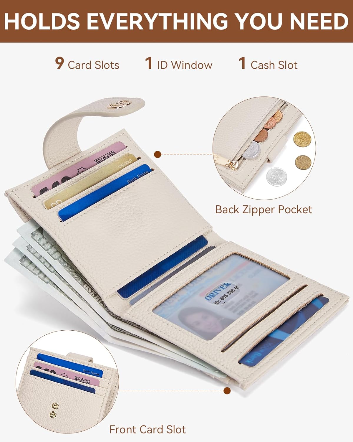 BOSTANTEN Slim Wallet for Women Small RFID Blocking Credit Card Holder Leather Bifold Wallets with Zipper Coin Pocket Beige - Image 2