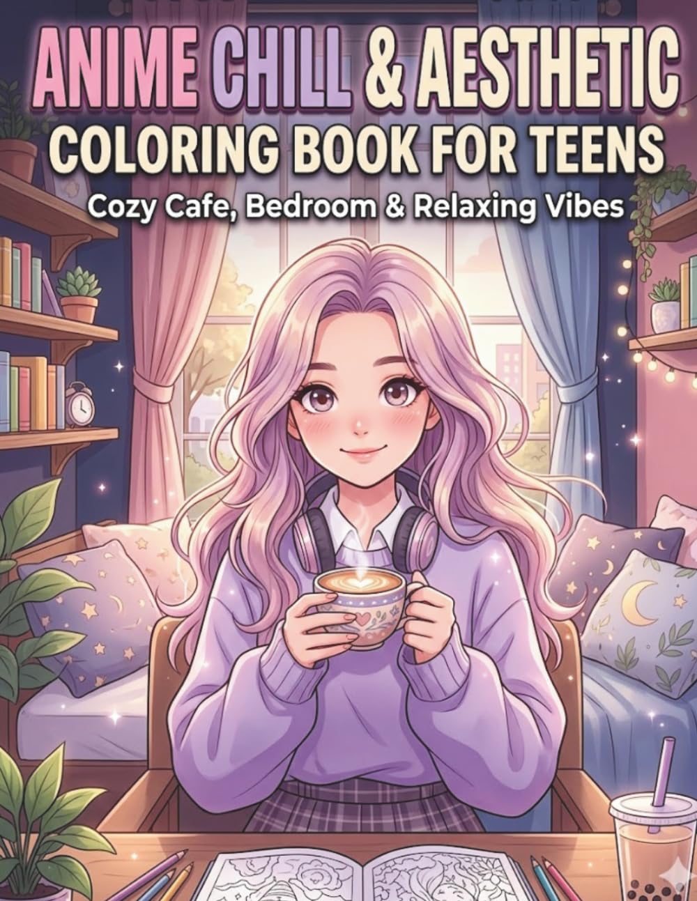 Anime Chill & Aesthetic Coloring Book for Teens: Cozy Cafe, Bedroom & Relaxing Vibes – Cute Anime Pages for Stress Relief and Creativity