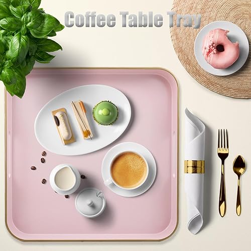 Miniatura 6 de Omuriko Bandeja decorativa cuadrada rosa con asas, bandeja versátil de 13 x 13 pulgadas para mesa de café, otomana, ideal para servir, exhibir y