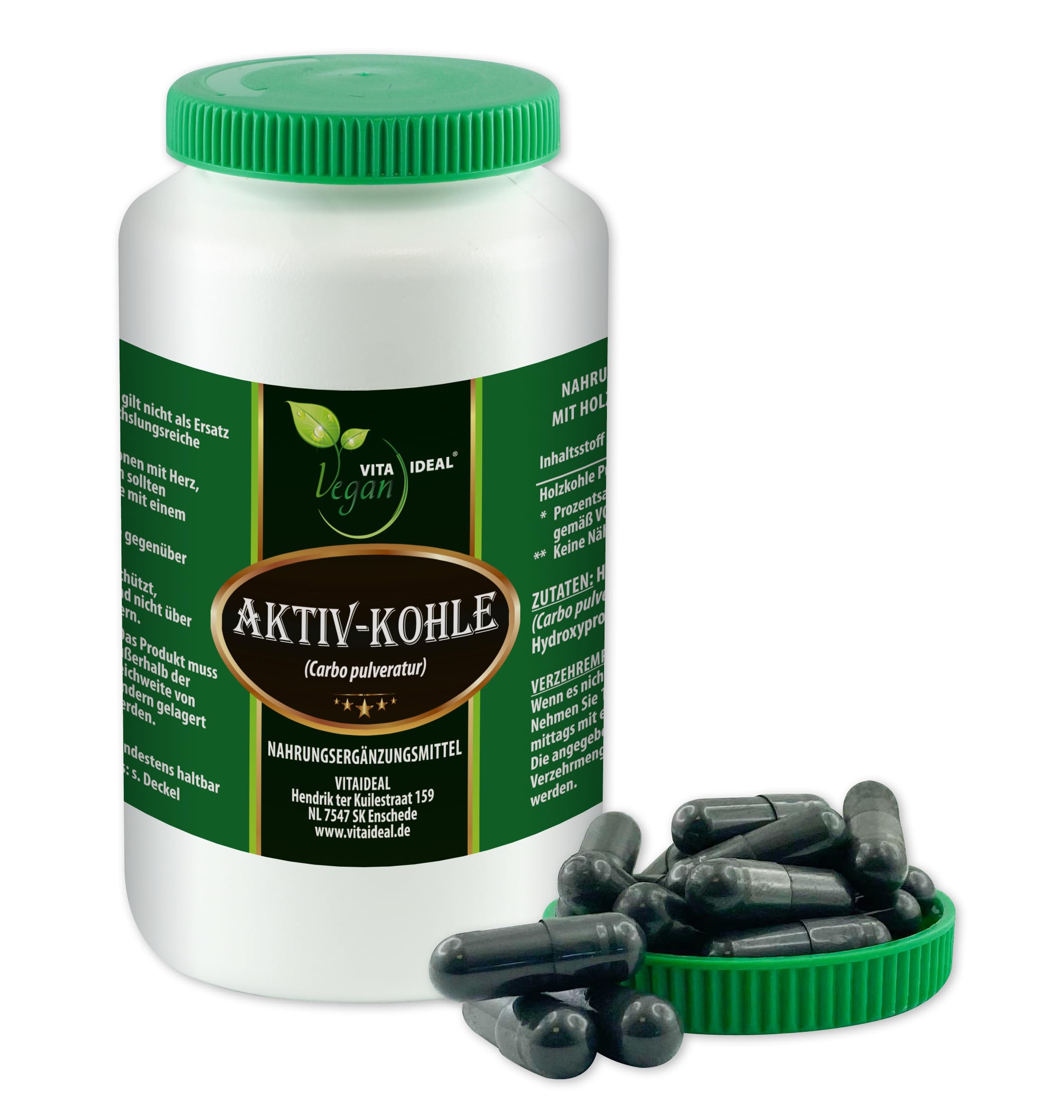 Vegan® AKTIV - KOHLE 4x 360 KAPSELN - Carbon, Carbo Ligni pulveratur - pflanzliche AKTIVKOHLE - Tagesportion 640mg Pflanzenkohle reines Pulver. Natürlich, pflanzlich & ohne Zusatzstoffe.