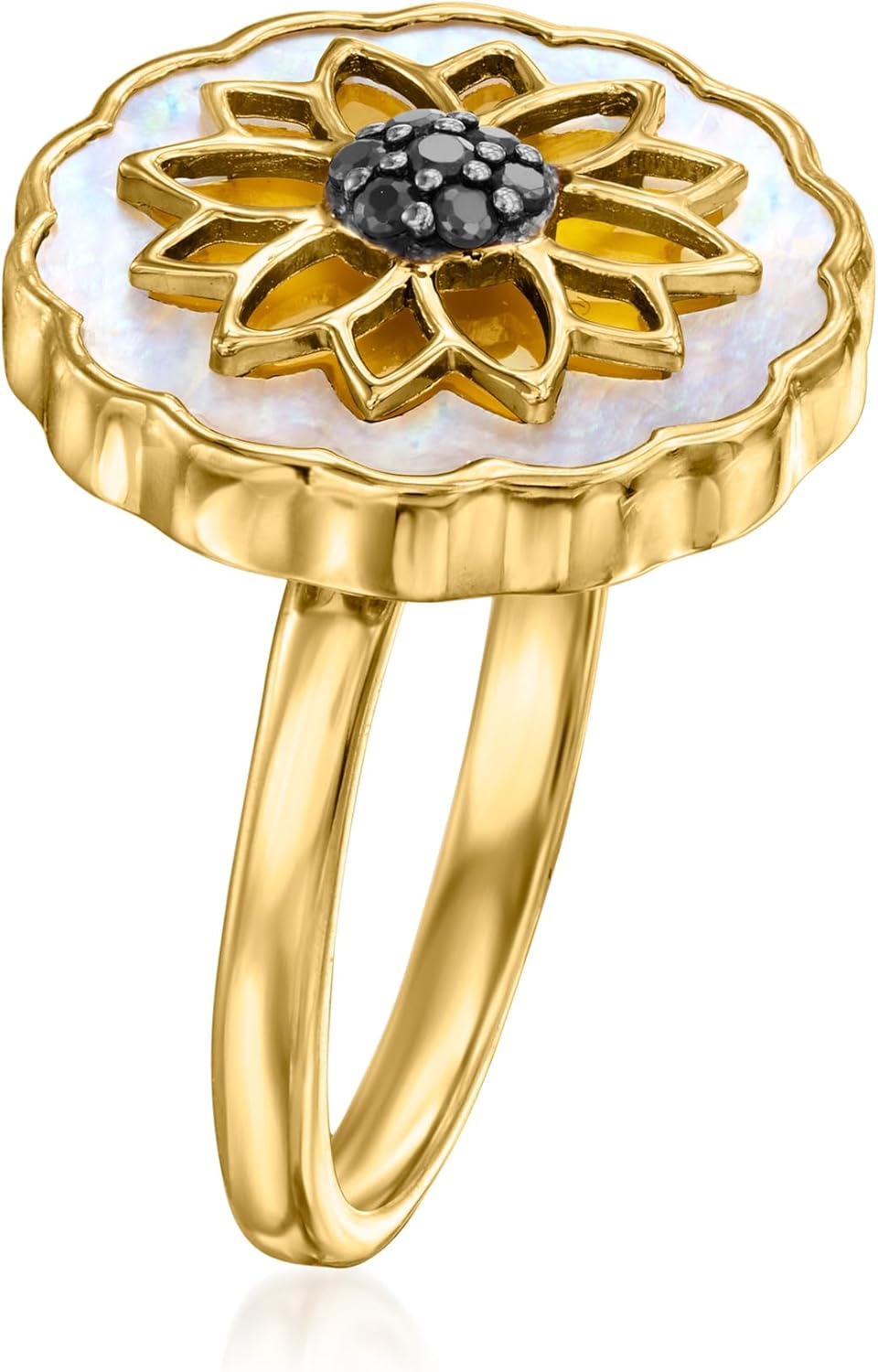 Ross-Simons Yellow Chalcedony, Mother-Of-Pearl and .10 ct. t.w. Black Spinel Flower Ring in 18kt Gold Over Sterling - Image 3