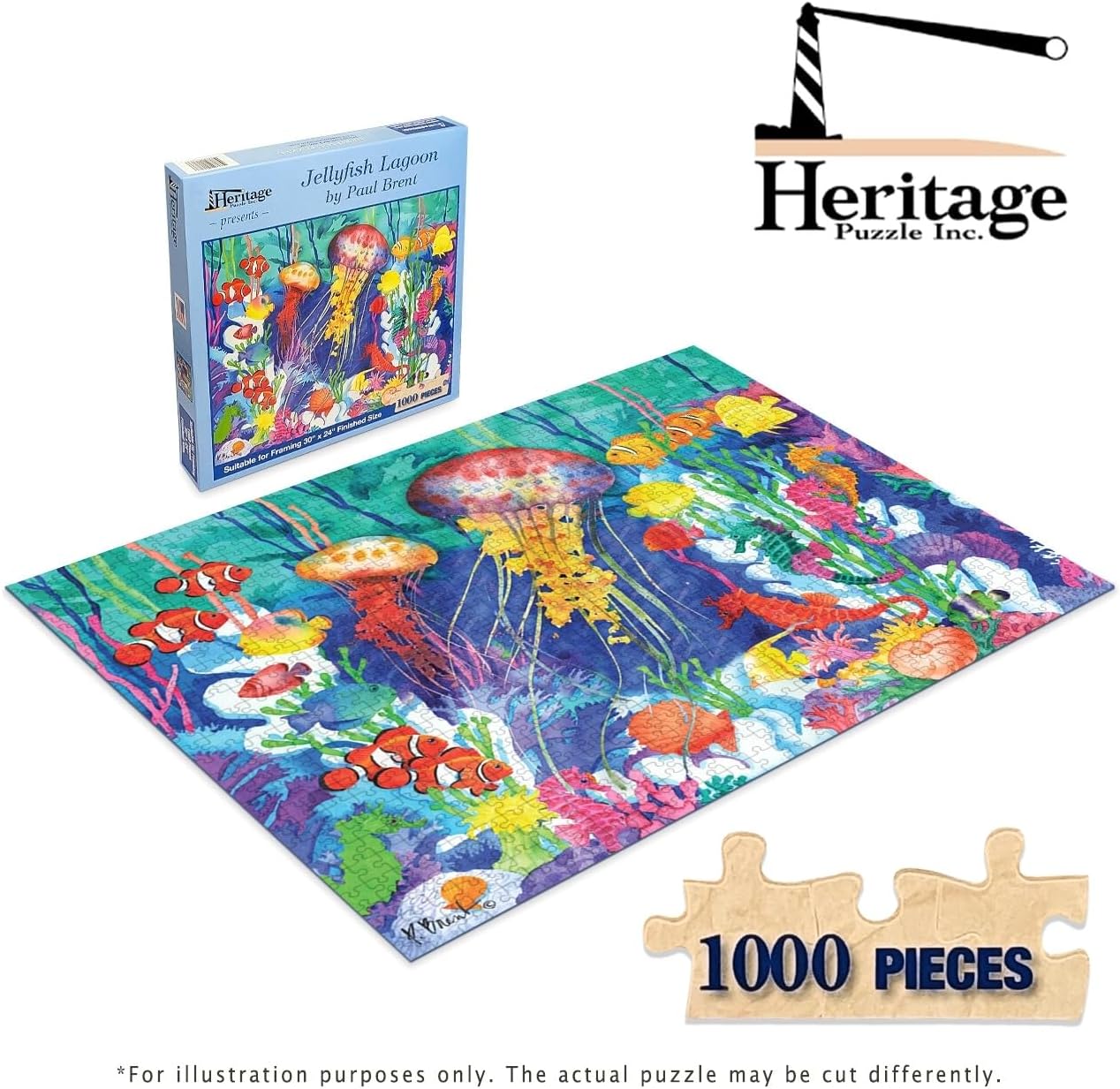 Heritage Puzzle Jellyfish Lagoon - 1000 Piece Jigsaw Puzzle by Paul Brent - Size 30" x 24" - Bright and Colorful Tropical Fish and Jellyfish Scene - Perfect for Family Entertainment - Made in USA