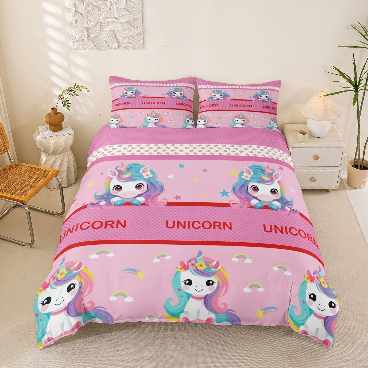 Children's Unicorn Duvet Cover Set Girls Beautiful Animals Bedding Set 135 x 200 cm Cute Unicorn Bedding Set Colourful Rainbow Flowers Pattern Duvet Cover Bedroom Decor 2 Pieces Soft
