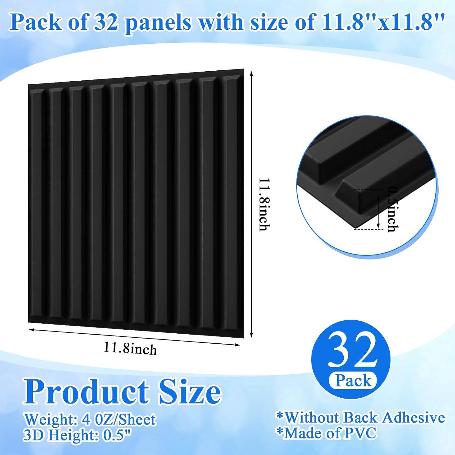 nuanchu 32 pcs 3d slat wall panels, 12"x12" pvc fluted wall paneling for interior decor, paintable waterproof textured tiles for living room tv background gaming room, 32 sq. ft coverage (black) black 32