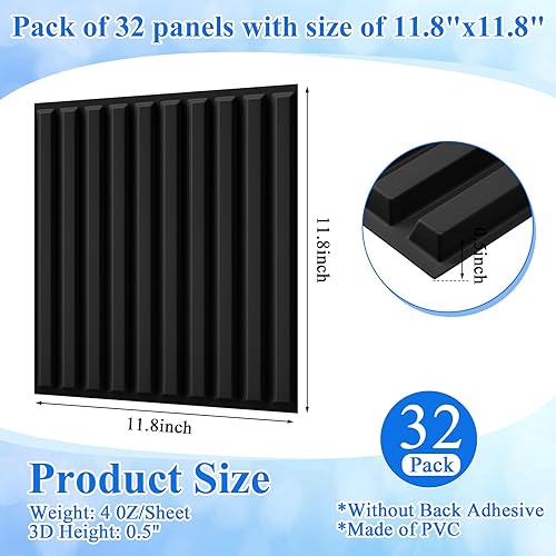 Miniatura 2 de Nuanchu 32 piezas de paneles de pared de listones 3D de 12 x 12 pulgadas de PVC con textura estriada, paneles cortables y pinttables para arte Negro