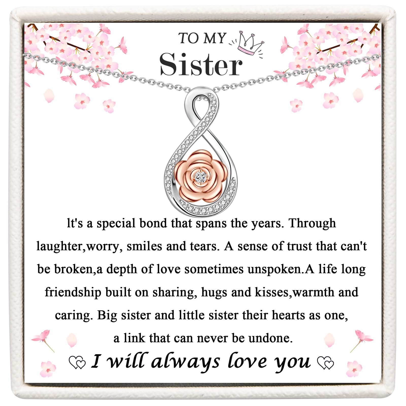 JOPLY Gifts for Sister,Silver Necklace for Women Christmas Birthday Sister Gifts Infinity Rose Sister Necklace with Gift Box