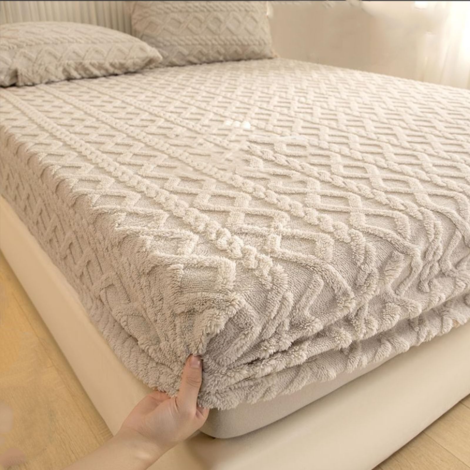 Drap de lit en velours et flanelle beige pour grand lit de taille 200x220 cm