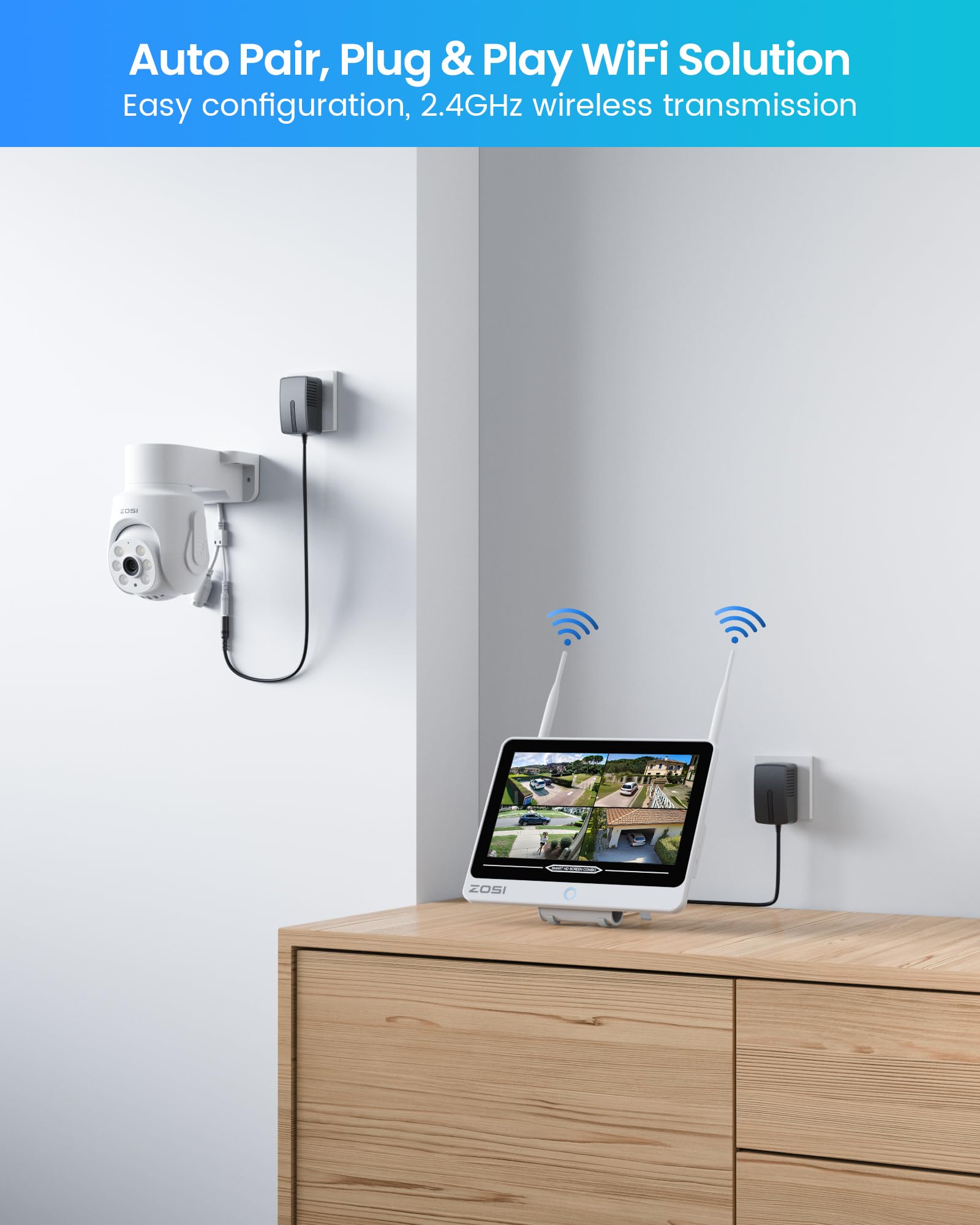 ZOSI Kit Cámaras de Vigilancia WiFi-6 Exterior 8X 5MP Cámara Seguridad IP con 8CH 4K NVR 2TB HDD y 12'' Monitor, 360° Pan y Tilt, Detección y Seguimiento de Persona, Audio Bidireccional