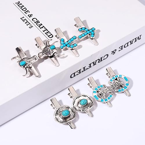 Miniatura 3 de Pinzas para el cabello con sombrero de vaquera occidental, 8 horquillas vintage de cactus rayo de estrella, turquesa, accesorios para el cabello