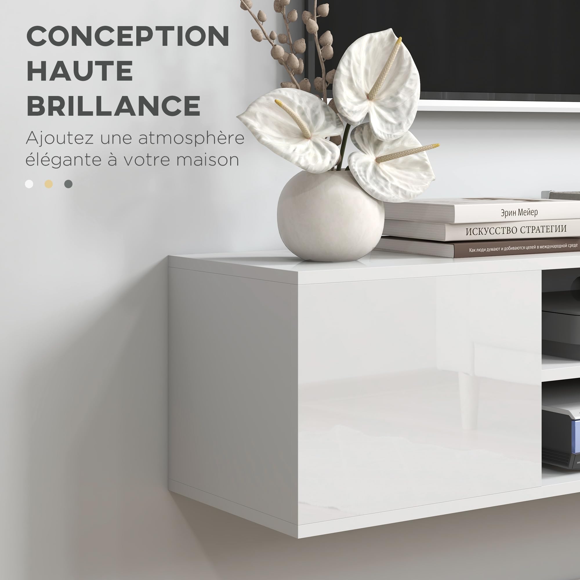 HOMCOM Meuble Banc TV Mural Suspendu Style Contemporain - 2 placards 2 Passe-câbles et 2 niches centrales 140 x 30 x 30 cm Blanc