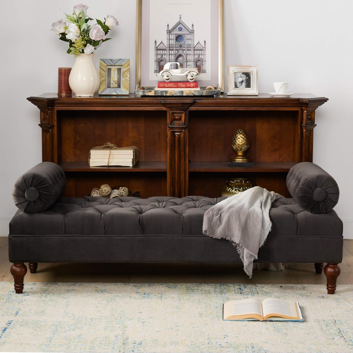 Room Ready - Chasterfield Velvet 2 Seater Bed Side Bench Button Tufted Wooden Legs Bench with Round Throw Pillows for Living Room, Bedroom, Entryway (Dark Grey)