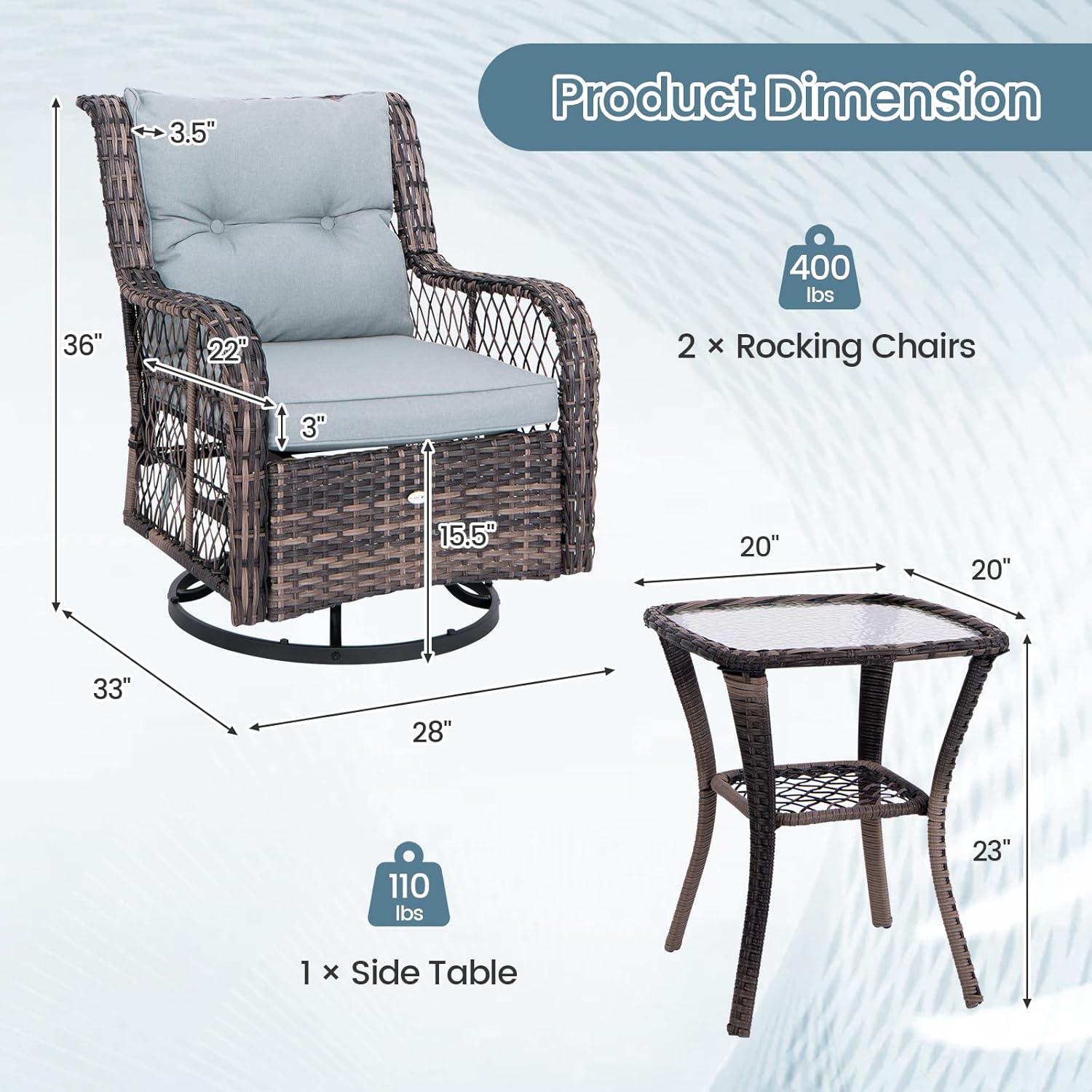 HAPPYGRILL 3 Pieces Outdoor Swivel Rocking Bistro Set with Side Table and Soft Cushions, PE Rattan Patio Furniture Set Glider Rocker Chair Set for Porch, Backyard, Garden and Poolside