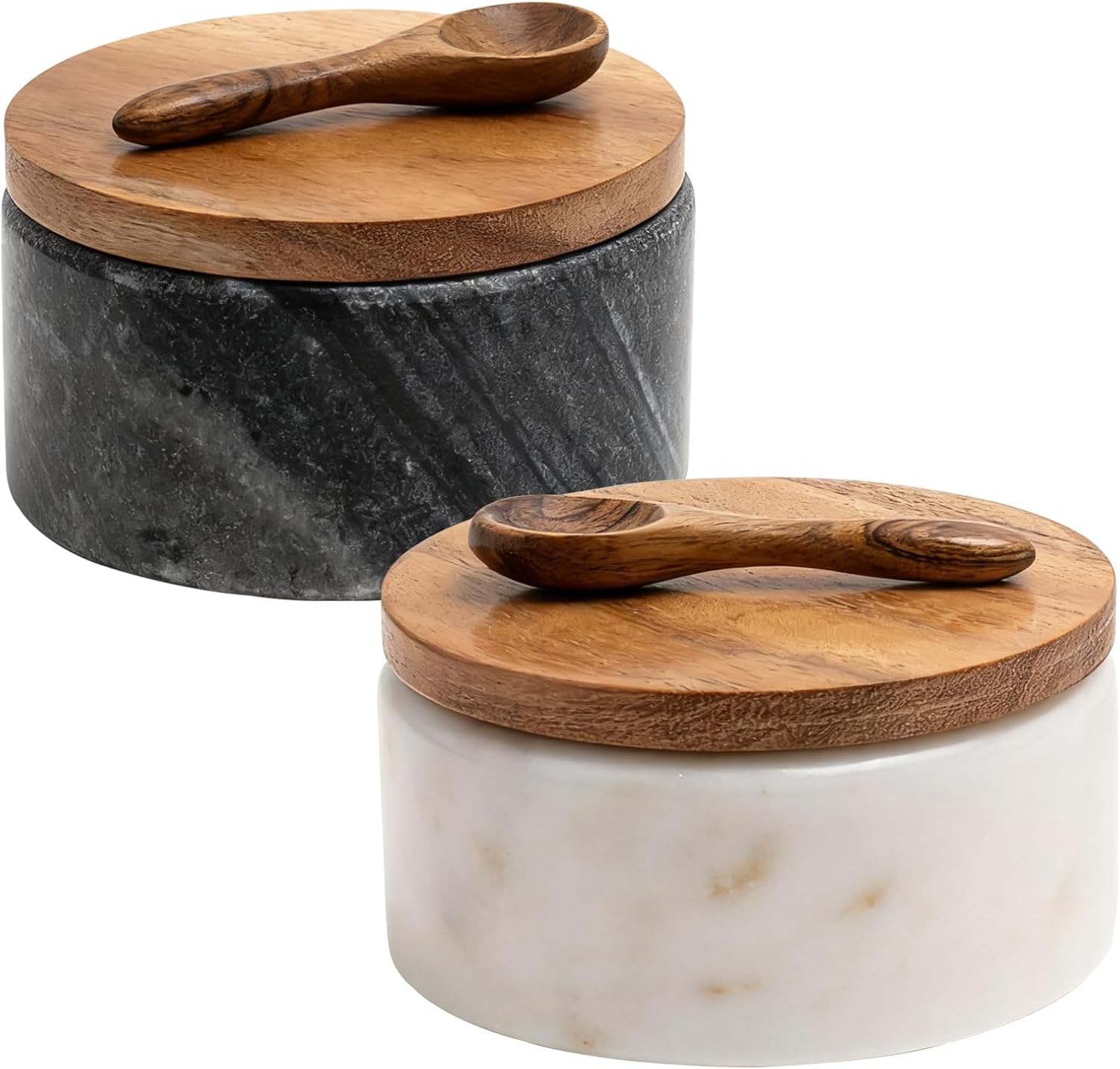 Set of 2 Marble Salt and Spice Cellar with Lid - Salt Box Spice Seasonings Keeper Pepper Container with Wood Lid and Spoon, Black and White, 10 cm x 6.4 cm
