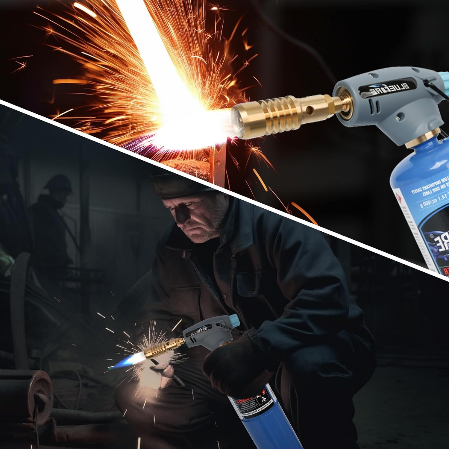 BLUEFIRE Handy Cyclone Torch Head With Propane Gas Portable Brass Gas Torch Manual Ignite Fuel by MAPP MAP PRO Propane Gas Cylinder for Soldering Welding Plumbing