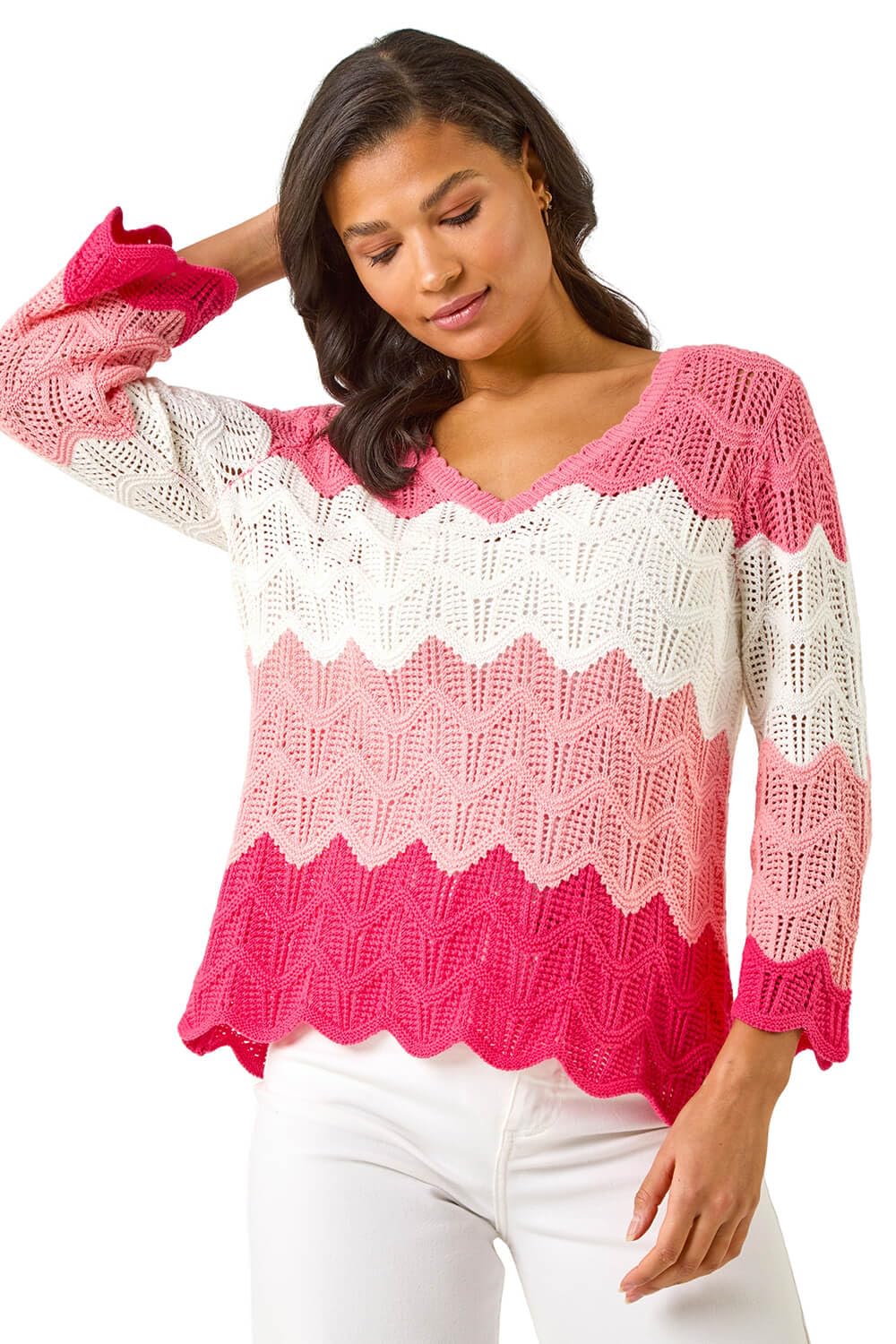 Roman Women's Colour Block Crochet Knit Jumper in Pink | Size: 16