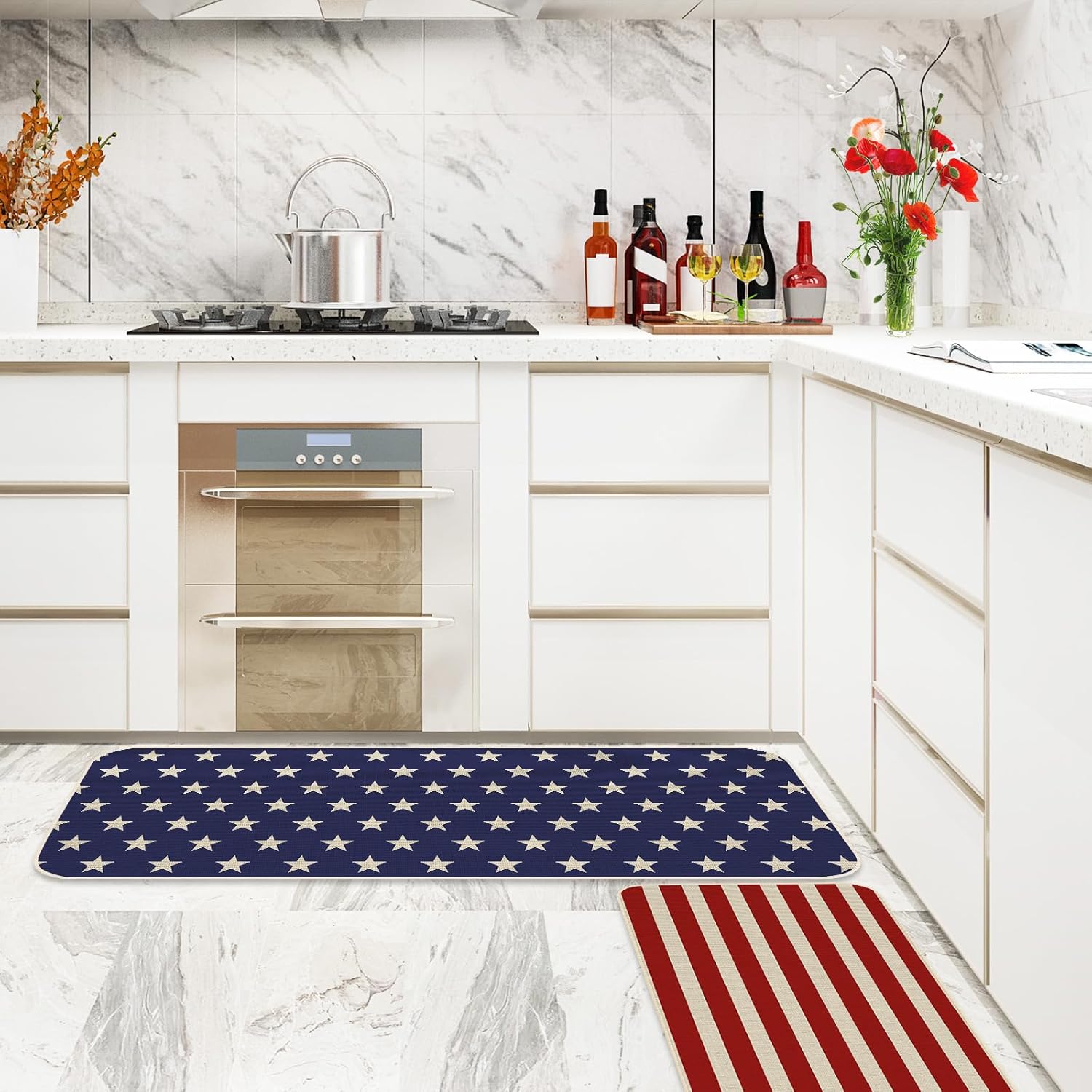 JarThenaAMCS 2Pcs Patriotic Kitchen Mats Stripes Stars Kitchen Rugs 4th of July Red Blue Non Slip Rectangle Floor Doormats for Independence Memorial Day Home Entrance Porch, 17x29 and 17x47In